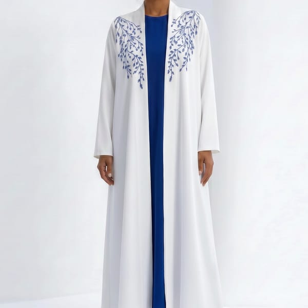 White Abaya with Blue Threadwork Embroidery and Royal Blue Inner Dress