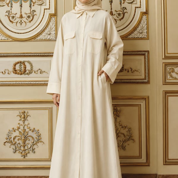 Msquare Fashion Cream Shirt-Style Abaya with Collar and Cargo Pockets