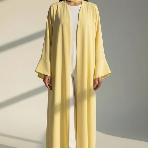 Msquare Fashion Pastel Yellow Open Abaya with Bell Sleeves