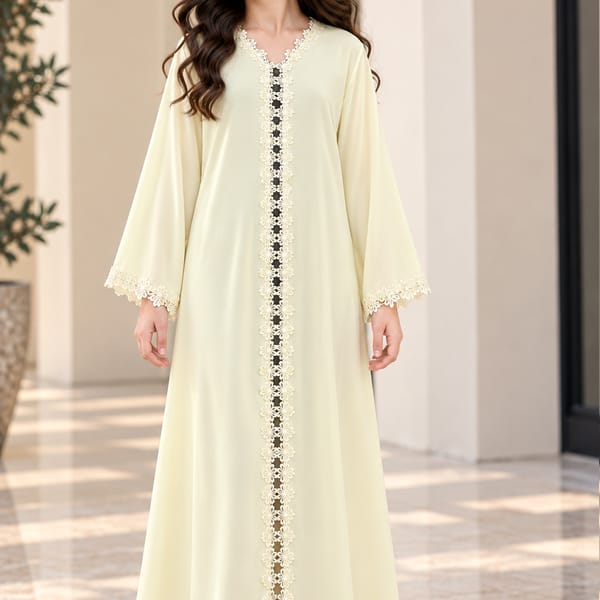 Msquare Fashion Girls’ Pastel Yellow Nida Abaya with Lace and Headscarf