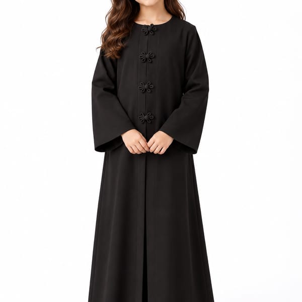 Msquare Fashion Girls’ Black Bella Crepe Abaya with Flower Buttons