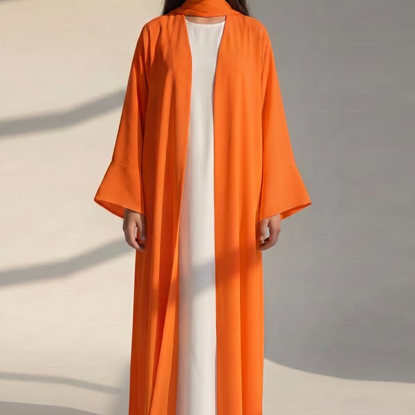 Kids Orange Korean Nida Abaya with White Inner Dress and Matching Scarf