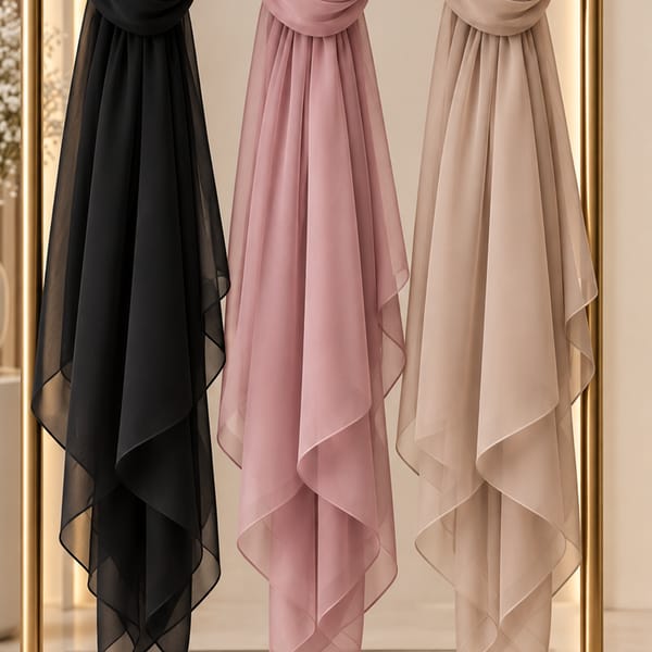 Chiffon Wool Shayla Set of 3 Non-Slip Premium Hijab Scarves, Black, Beige, Pink