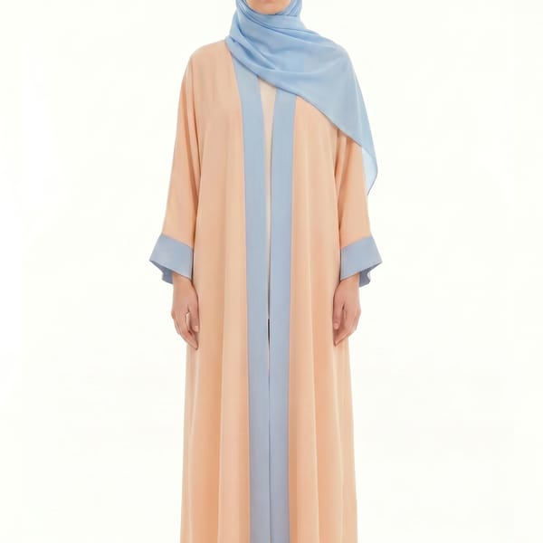 Msquare Fashion Open Abaya 3 piece Set I Powder Blue Contrast Trim