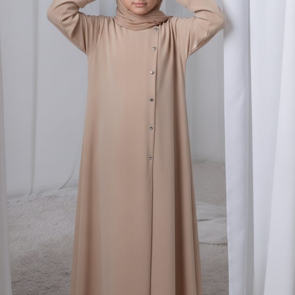 Girls' A-Line Abaya Set with Heart-Shaped Buttons and Matching Hijab