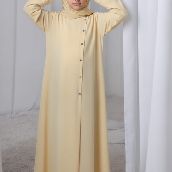 Msquare Fashion Pastel Yellow Kids Abaya with Matching Hijab for Girls