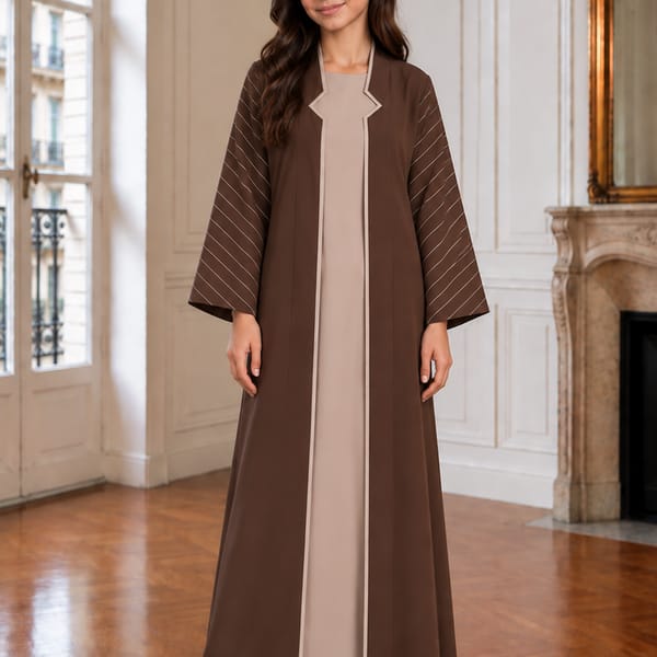 Msquare Fashion Chocolate Brown Girls Abaya with Beige Inner Dress and Matching Hijab