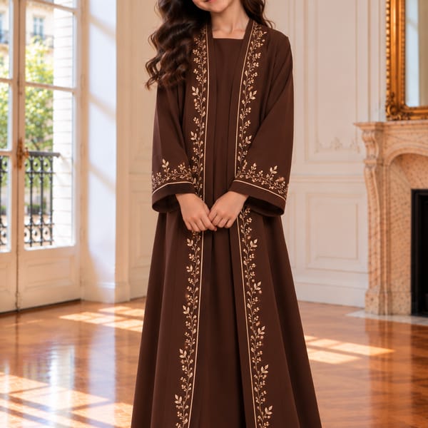 Msquare Fashion Girls Brown Abaya with Golden Hand Embroidery with Chiffon Hijab