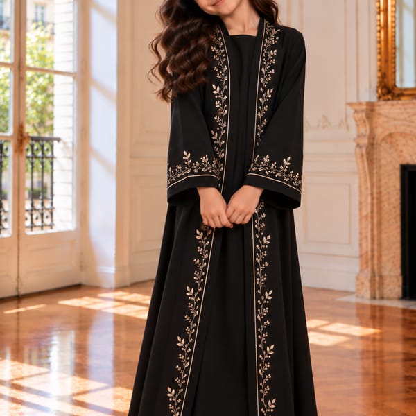 Msquare Fashion Girls Black Abaya with Golden Hand Embroidery