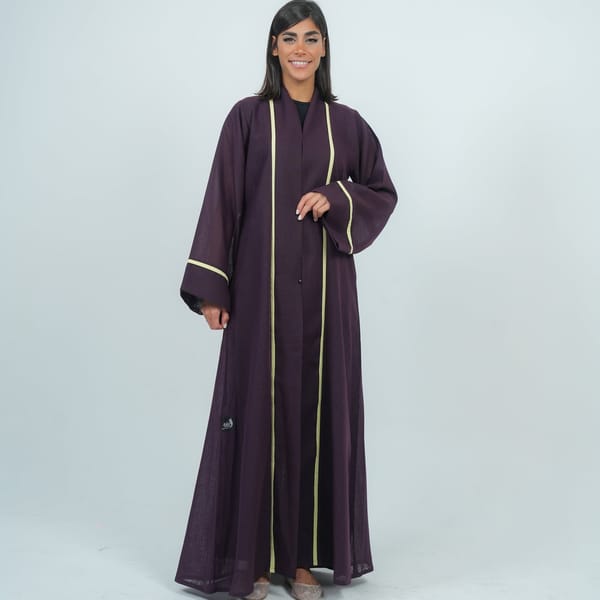 Purple-R-202570 Linen Embellishment Abaya With Wide Sleeves