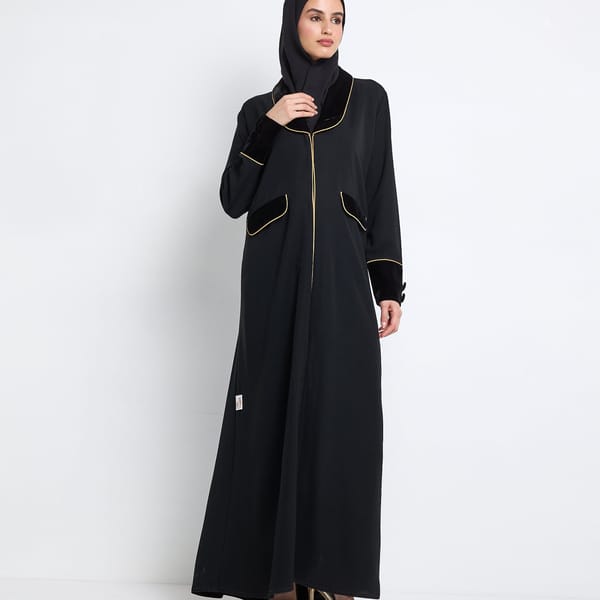 Velvet-R-202494 Velvet Blazer Abaya with Button Detailing and Piping Design